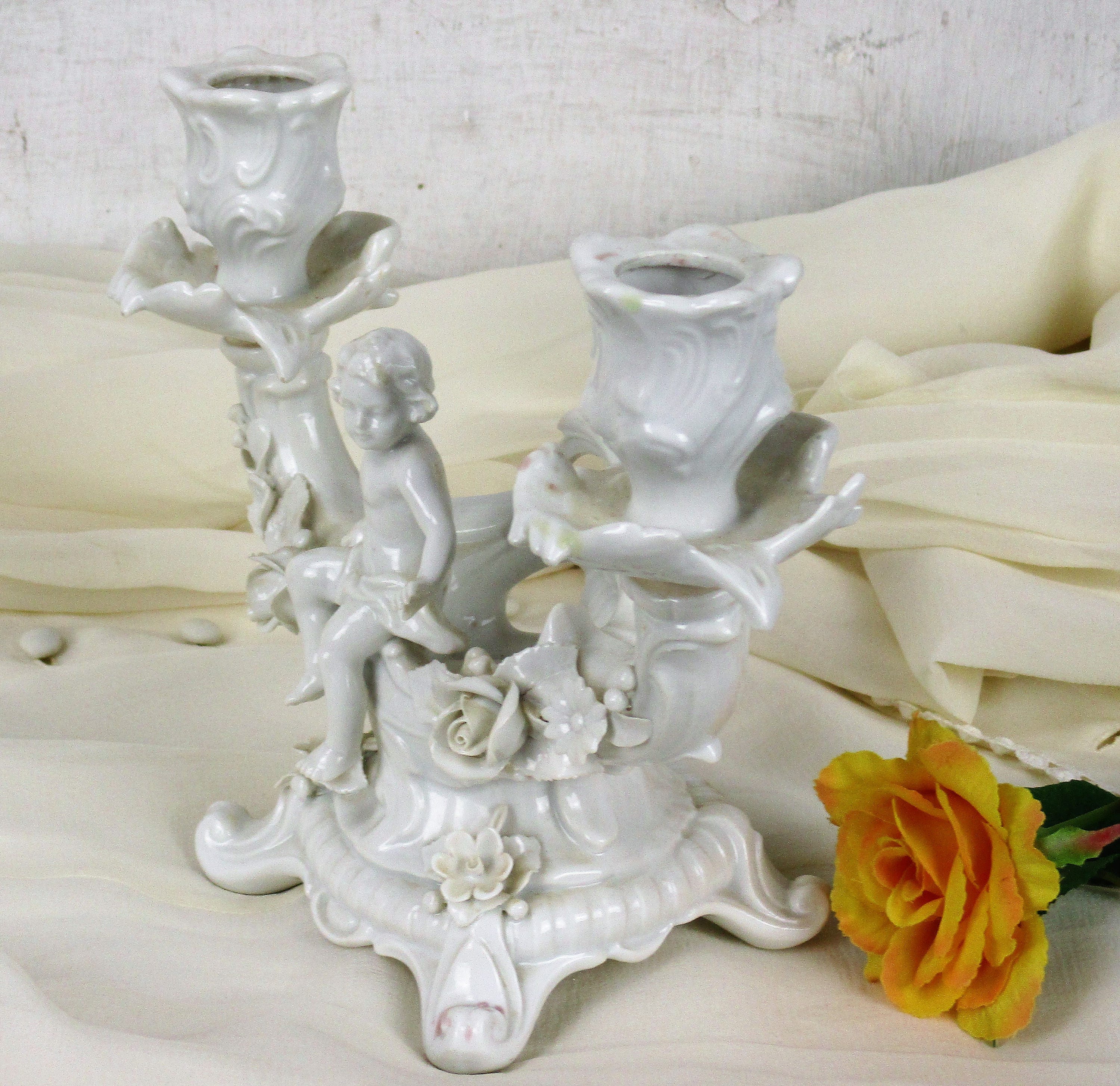 Bougeoirs Anges Chérubins En Porcelaine Ivoire Holland Mold – Vintage