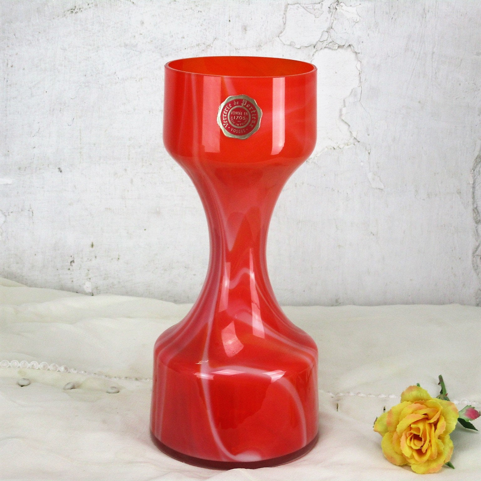 French Vintage Art Glass Orange Red Vase Vallerysthal Verrerie de