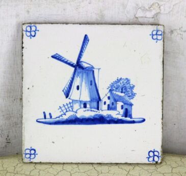 Antique Delft Tile Dutch Blue White Windmill next to House Dutch Landscape