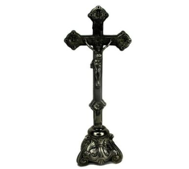 Beautiful Vintage French Standing Table Crucifix Cross Fleur de Lis Spelter
