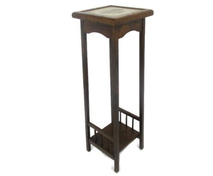 Vintage wood Pedestal Display Table Plant Stand Tile Victorian scene Two Tier