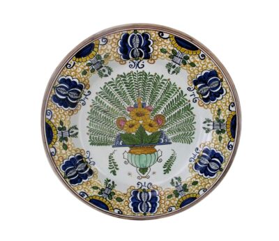 Antique Large Wall hanging Charger Plate poly-chrome Flower Basket Delft