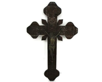 Ornate hand Carved Wood Wall Hanging Crucifix Cross Jesus Christ Brass Corpus Stunning Piece 29.52"