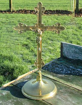 Antique Brass Table Standing Crucifix Ornate Memento Mori Jesus Christ 13.39"