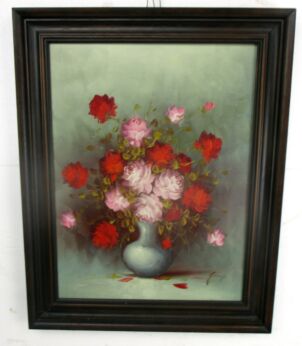 Oil Painting Canvas Wooden Frame Gorgeous Stillife Flowers Vase Signed