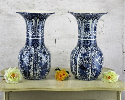 Couple Pair Trumpet Vases Royal Sphinx Maastricht Delft Marked Blue White 12.99"