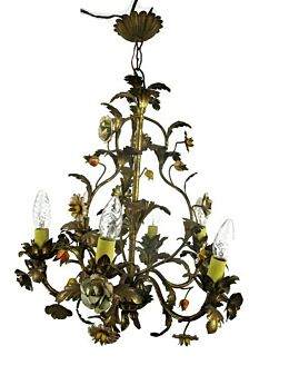 Gold Gilt Tole Chandelier Flowers Tulip 6 Lights Hollywood Regency Shabby Chic