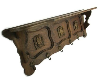 XL Hand Carved Wood French Oak Coat Hat Kitchen Hallway Rack Antique Shields