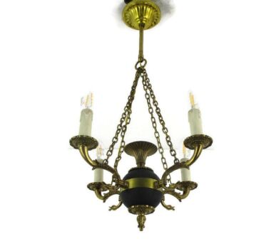 French Empire Pan Chandelier Green Tole Brass 4 arms Hollywood Regency Ducks HTF