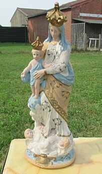 Antique Virgin Mary Madonna with Child Plaster Statuette Angels 18.11"
