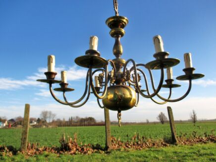 Vintage Flemish Dutch Double 8 Arms Chandelier Pendant Lights Brass