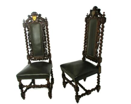 Antique Gothic Couple Throne chairs Barley Twist Lions Shields Swords Ornate