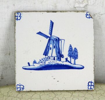 Antique Delft Tile Dutch Blue White Dutch Landscape Windmill