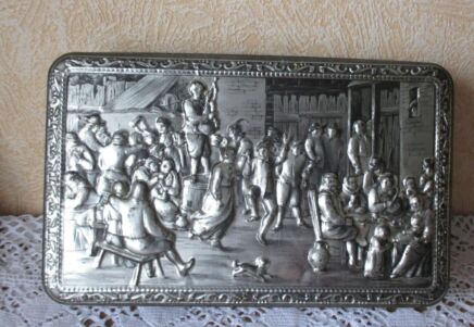 Vintage Mid Century Tin Box SIlver Tone Teniers Eat, Drink & be Merry Belgium