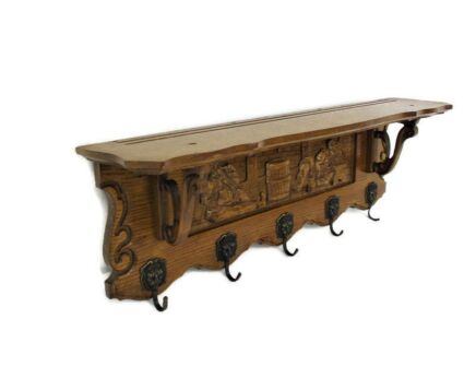 Vintage Carved Wood Wall Shelf Coat Hat Kitchen Rack Breughel Drinking Fest