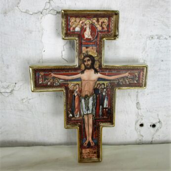 Large San Damiano Crucifix Jesus Christ Saints IHS Nazare Italy Porcelain 9.64"