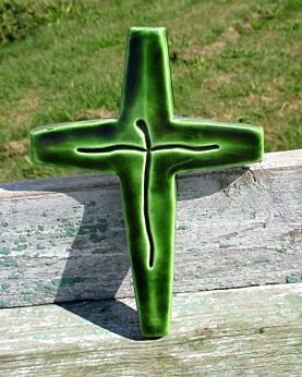 Small Mid Century Design Ceramic Modernist Crucifix era Perignem Green Signed