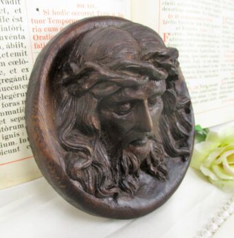 Wall Plaque Tile hand Carved Wood Jesus Christ Head of Thorns Sculpture Art