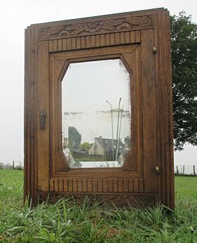 Antique French Massive Hand Carved Oak Art Deco Display Wall Cabinet Beveled  Glass mirror