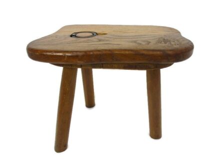 Old Milk Milking Stool Farmhouse Country Barn Style Side Display Table Pedestal Plant Stand HTF Rare Iron Ring Funky