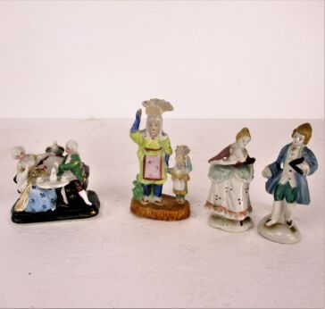 4 pieces of miniature porcelain figurines couple courtship Victorian man and woman Woman and Child