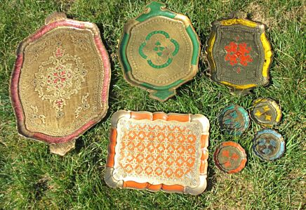 8 Italian Mid Century Hollywood Regency Florentine Serving Tray Platter Coasters