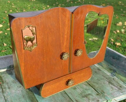 Vintage Wood Medicine Wall Cabinet Apothecary double Doors Brass Ornament Deer