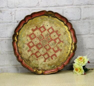 Italian Mid Century Hollywood Regency Florentine Round Serving Tray Pink Gold