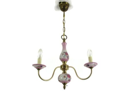 Romantic Chandelier 3 arm Brass Pink Porcelain Flowers Mid Century Modern Italy