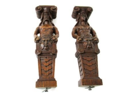 French breton Pair Corbels Hand Carved Wood Panels Architectural reclaimed Peasant Figurines Antique Impressive