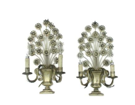 Pair Couple Vintage Ornate Metal Wall Sconces Flower Basket Maison Jansen style