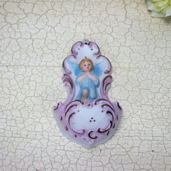 Porcelain Holy Water Font Beautiful Angel Saint Blue Pink Wall Hanging