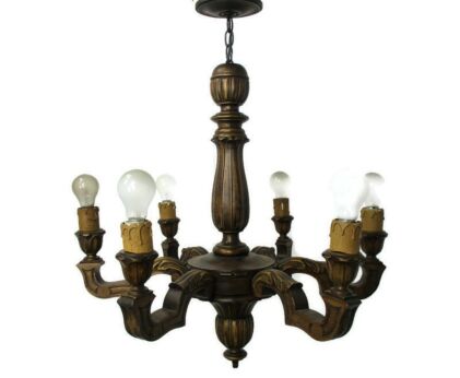 Hand Carved Wooden Chandelier Ornate 6 arm Lights Country Farmhouse Barn Style