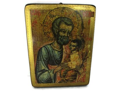 Vintage Florentine Wooden Icon Print On wood some Splashes of gold paint on top Saint Joseph Infant Child
