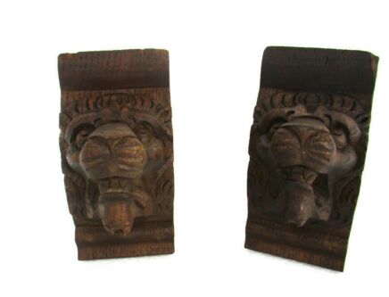 Antique Pair Corbels Hand Carved Wood Architectural reclaimed Lion Trim