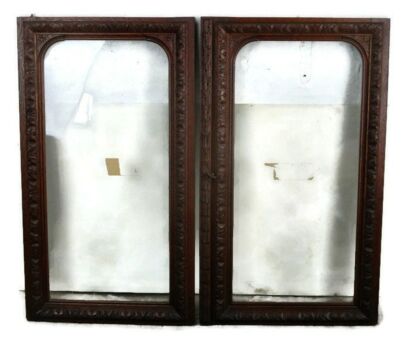 pair Antique French Carved Oak Door Glass Panels Reclaimed Architectural