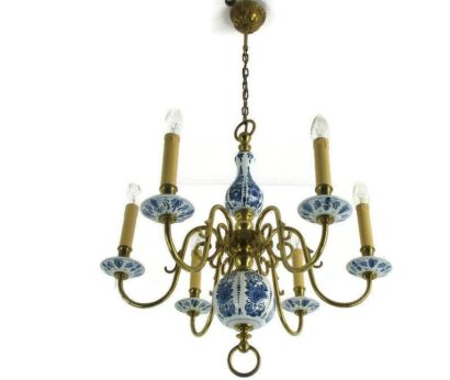 Dutch Delft Blue White Porcelain Ornate Brass Chandelier 6 Lights Arm Farm Style