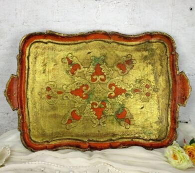 L Italian Mid Century Hollywood Regency Florentine Serving Tray Orange Gold