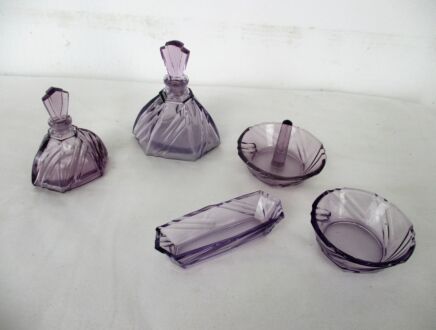 Vanity Dresser set Depression glass Perfume Bottle Ring holder Purple Art deco very rare set of 5 pcs