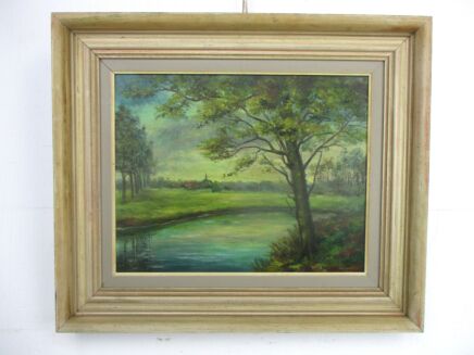 Oil Painting Canvas Framed Landscape Village River Peaceful Signed G. Baetens