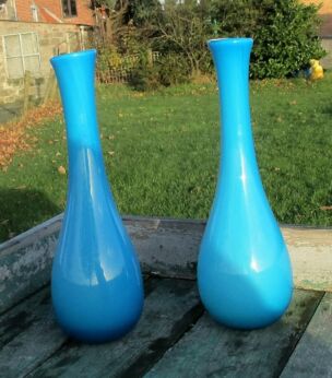 Couple Pair Cased glass Blue Vases Mid Century Era Empoli vintage