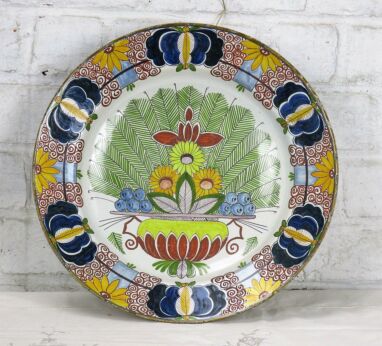 18th Century Large Polychrome Delft Wall hanging Charger Plate Flower Basket