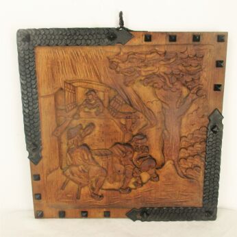 Vintage Hand Carved Wooden Panel Plaque R Bacchus Pediment Breughel Scene Wrought Iron Pieces