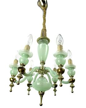 French Chandelier Green Opaline Hand Blown Art Glass 6 Lights Arms Gorgeous HTF