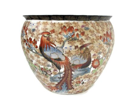 Large Vintage Chinese Porcelain Enamel Famille Rose Koi Fish Bowl Planter Vase Bird of paradise Stunning