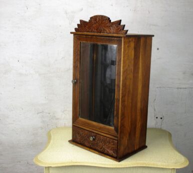 Vintage Hand Carved Wood Small Medicine Wall Cabinet Apothecary Drawer