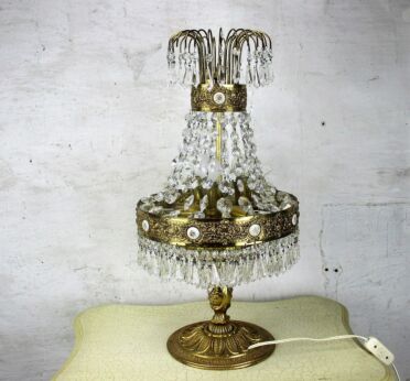 Table Lamp Limoges Medallions Crystal Prisms 4 Tier HTF Hollywood Regency