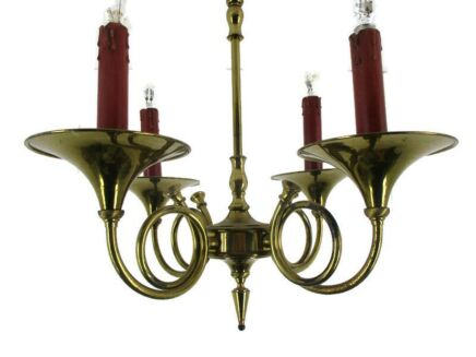 Trumpet Chandelier + Trumpet Wall Sconce Brass 4 arms Hollywood Regency Set