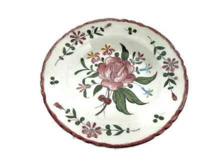 French Faience Strasbourg Platter Soup Plate Scalloped rim Luneville Flowers Marked A Arnould