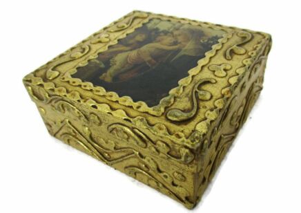 Italian Florentine Wood Jewelry Trinket Tobacco Box Ornate Vintage Boticelli Theme